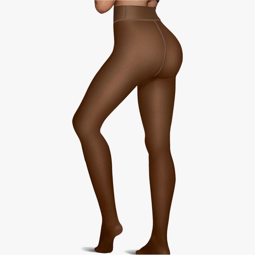 Womens Fleece Lined Tights High Waisted Translucent Thermal Leggings Brown